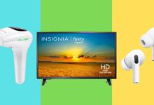 laser hair removal gun, smart tv, and white earbuds