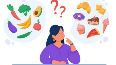 Healthy vs unhealthy food vector flat illustration. Woman thinking over junk food and organic snack.