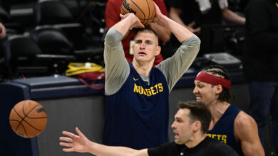 DENVER, CO - MAY 31: Nikola Jokic (15) of the Denver Nuggets during the NBA Finals media day practice at Ball Arena May 31, 2023. The Denver Nuggets play the Miami Heat in game one of the NBA Finals Thursday evening. (Photo by Andy Cross/MediaNews Group/The Denver Post via Getty Images)