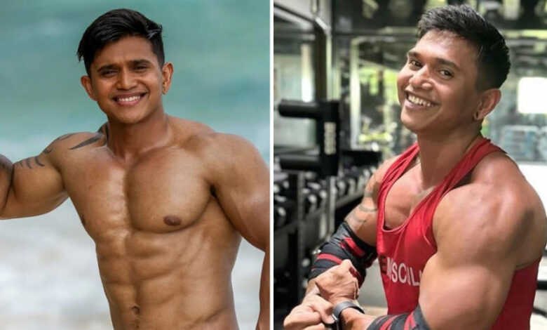Left, Justyn Vicky can be seen posing topless at the beach for a professional photo. Right, he is smiling at the gym in a picture taken before the fitness influencer's freak death.