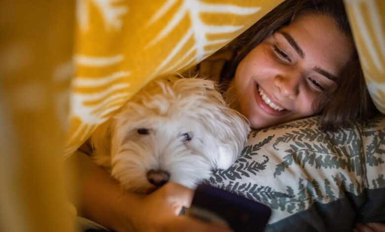 A woman lying in bed with a dog while looking at a phone.