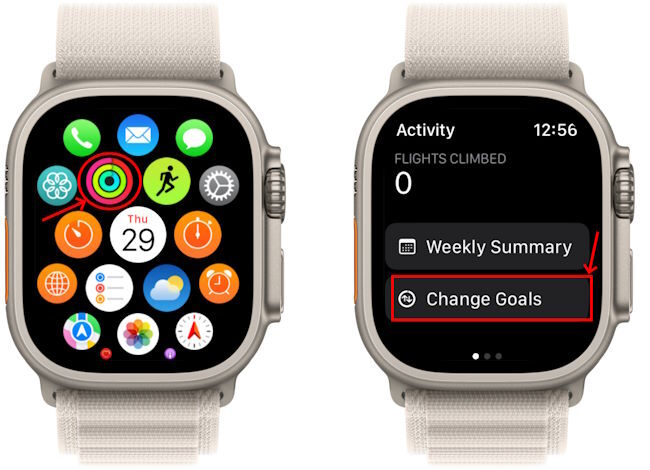 Change Goals option in Activity app on Apple Watch