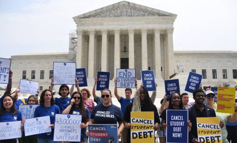 Supporters of student debt forgiveness demonstrate outside the U.S. Supreme Court on June 30 in Washington, D.C. The U.S. Supreme Court dealt President Joe Biden a significant political setback when it overruled his key program to cancel the student debt of millions of Americans.