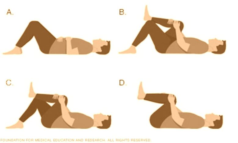 Illustrations of a person lying on back, bringing knees to chest