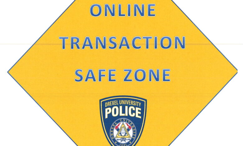 Yellow diamond with Drexel Police Department logo and "Online Transaction Safe Zone."