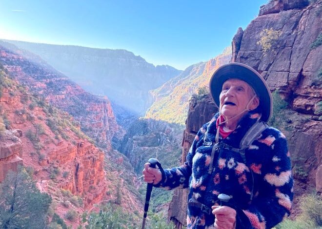 Alfredo Aliaga, 92, is pictured during his 24-mile rim-to-rim hike of the Grand Canyon on Oct. 14 and 15, 2023.