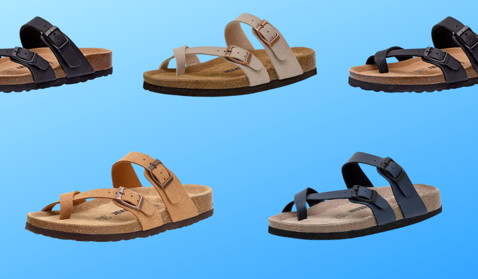 five sandals with straps in navy, black, taupe, blue, and tan