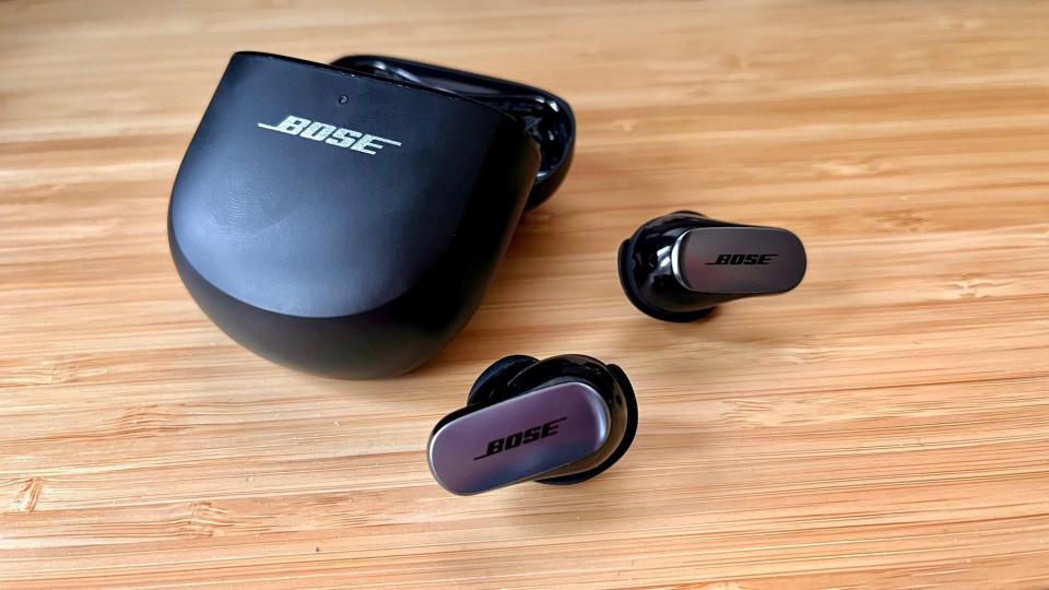 A close-up of the Bose QuietComfort Ultra Earbuds and case.