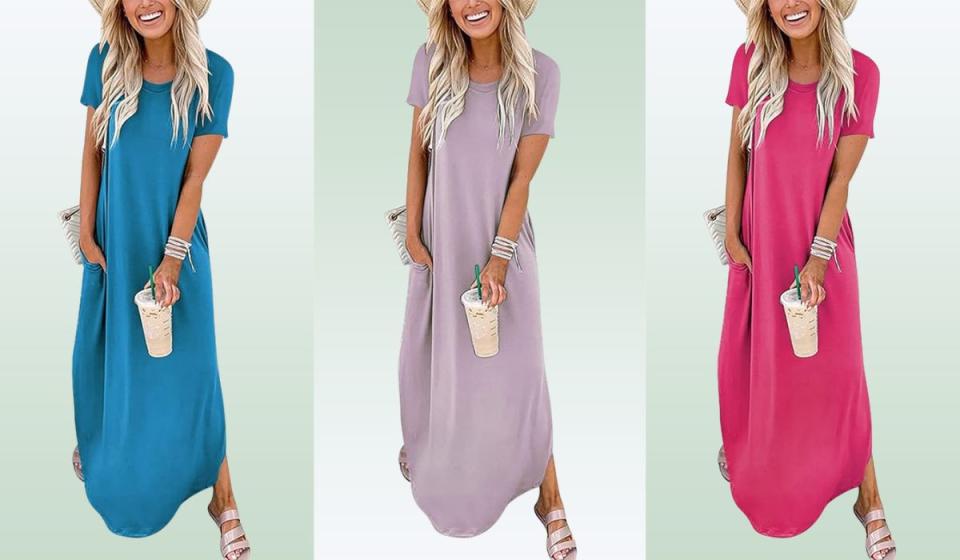 Three maxi dresses in different colors.