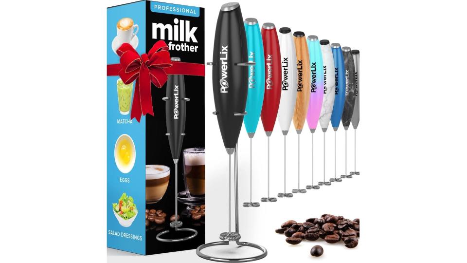 Milk frother in a variety of colors.