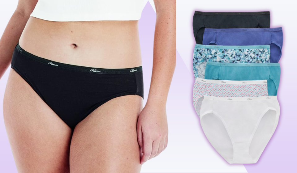 woman wearing black high-cut Hanes underwear / five pairs of similar underwear in a variety of colors