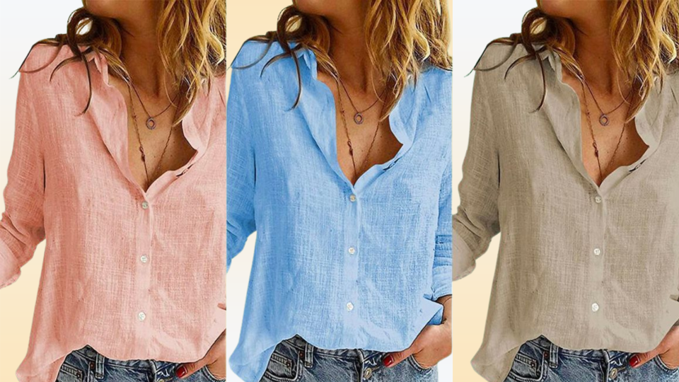 three linen-style tops in pink, blue and khaki