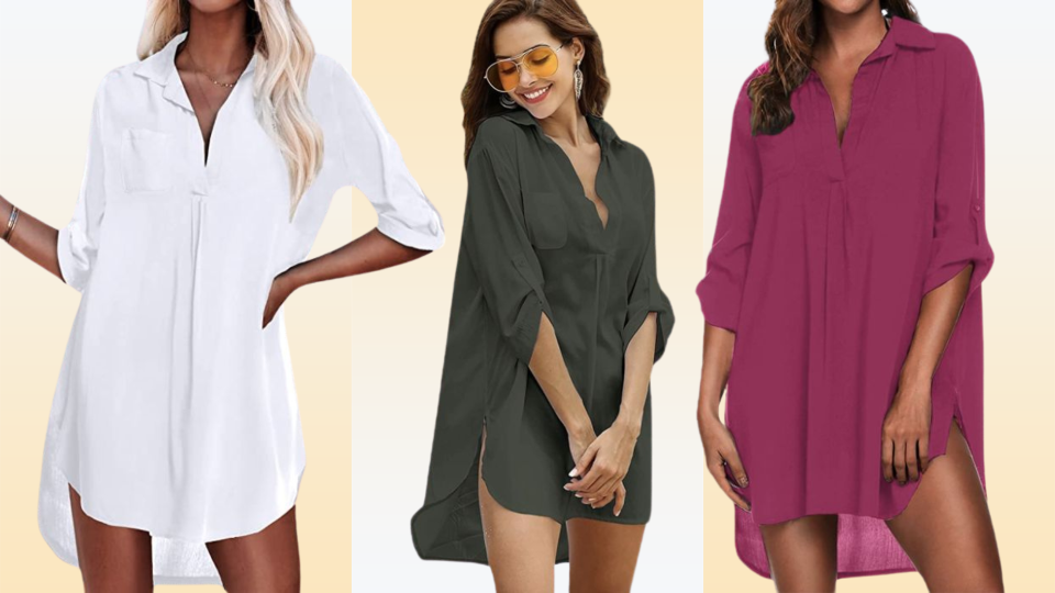 Models wearing Ekouaer beach coverup in white, green and pink