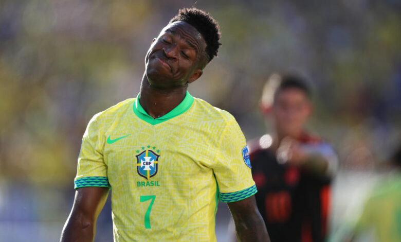 SANTA CLARA, CALIFORNIA - JULY 2: Vinicius Junior of Brazil reacts to a call from supporters during the CONMEBOL Copa America 2024 match between Brazil and Colombia  at Levi's Stadium on July 2, 2024 in Santa Clara, California. (Photo by Mark Leech/Offside/Offside via Getty Images)