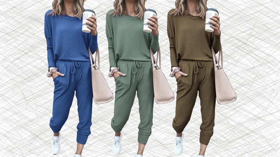 sweatsuits in medium blue, light green and brown