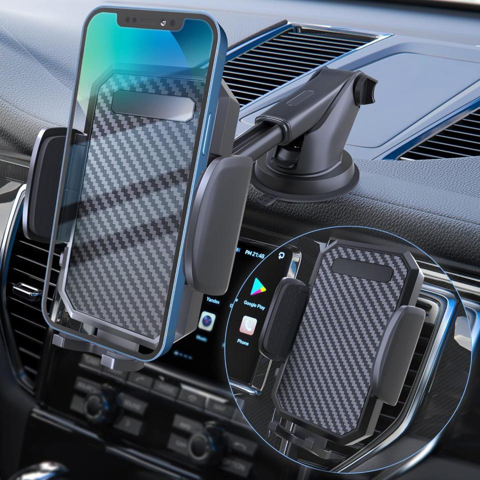 FBB phone mount attached to a holder in a car.