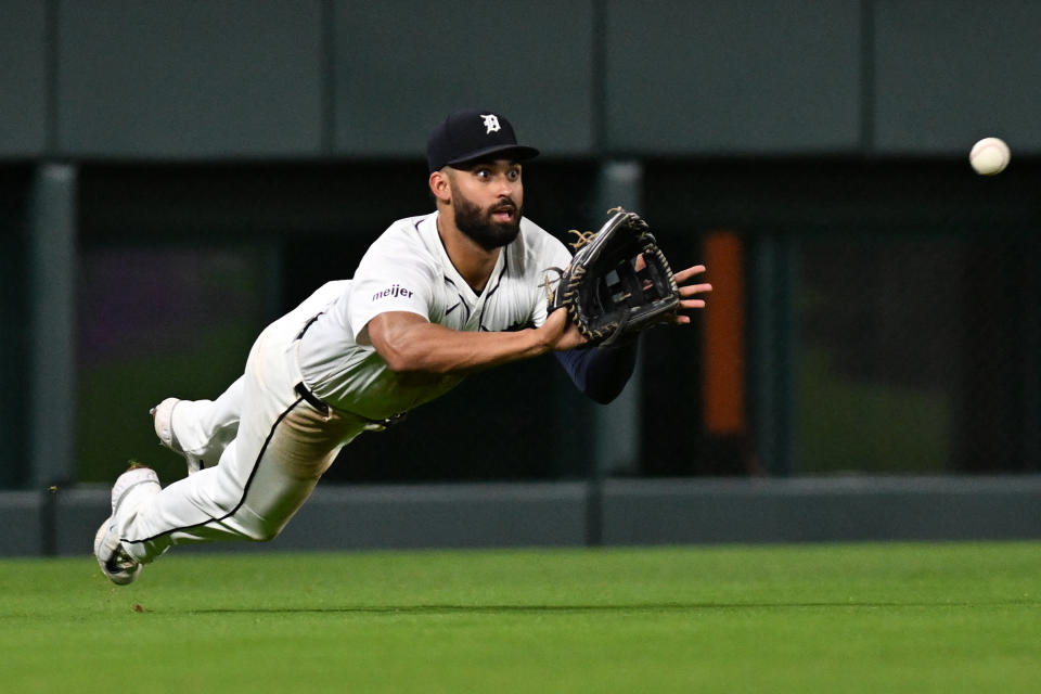 Sep 25, 2024; Detroit Tigers left fielder Riley Greene (31) makes a diving catch against the Tampa Bay Rays for the last out of the eighth inning at Comerica Park. Mandatory Credit: Lon Horwedel-Imagn Images