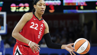 A'ja Wilson during game action on August 25, 2024, against the Chicago Sky.