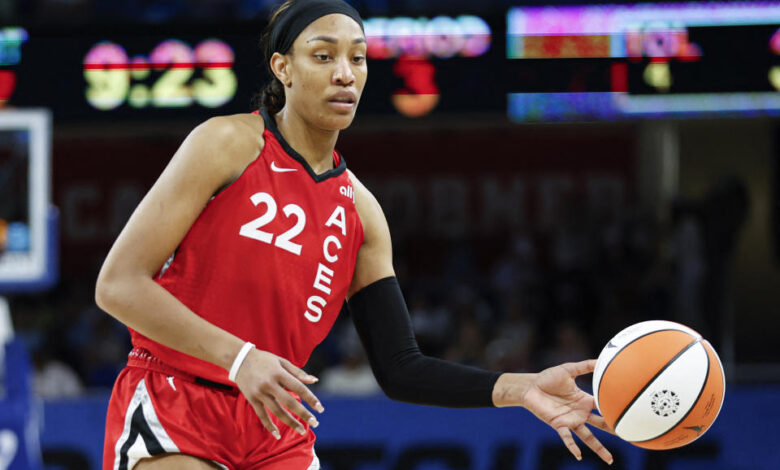 A'ja Wilson during game action on August 25, 2024, against the Chicago Sky.