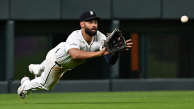 Sep 25, 2024; Detroit Tigers left fielder Riley Greene (31) makes a diving catch against the Tampa Bay Rays for the last out of the eighth inning at Comerica Park. Mandatory Credit: Lon Horwedel-Imagn Images