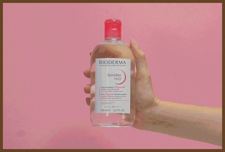 A photo series of Bioderma micellar water being applied.