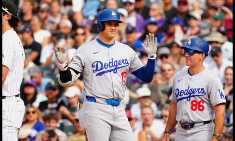 Sep 29, 2024; Denver, Colorado, USA; Los Angeles Dodgers designated hitter Shohei Ohtani (17) celebrates his single during the eighth inning against the Colorado Rockies at Coors Field. Mandatory Credit: Ron Chenoy-Imagn Images