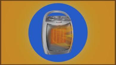 silver space heater over blue and orange background