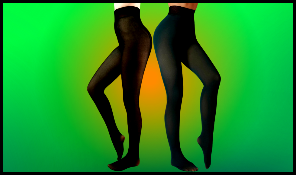 two sets of sheer fleece lined tights in translucent black and translucent green