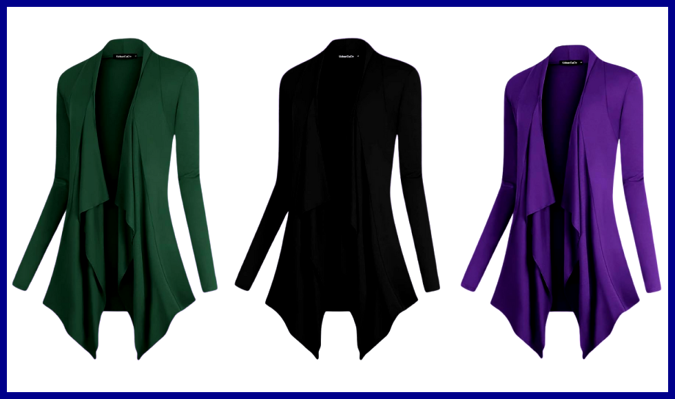 drapey long-sleeved cardigan in dark green, black and dark purple